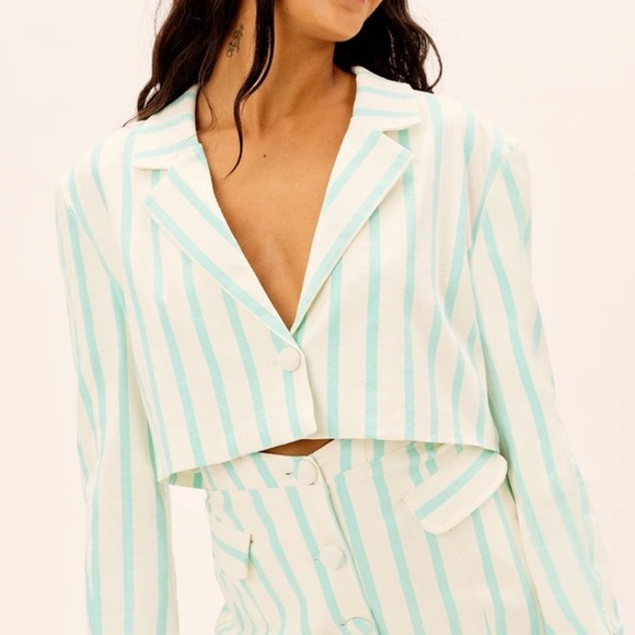 NWOT For Love and Lemons Aqua White Striped Cropped Linen Blazer Jacket Small - Picture 4 of 9